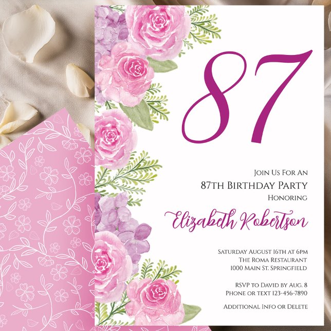 Convite Pink Roses Floral Template 87th Birthday (Criador carregado)