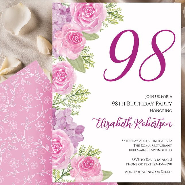 Convite Pink Roses Floral Template 98th Birthday (Criador carregado)