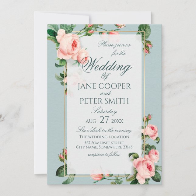 Convite Pink roses floral Wedding Invitation (Frente)