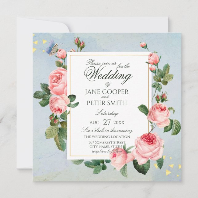 Convite Pink Roses floral Wedding Invitation (Frente)