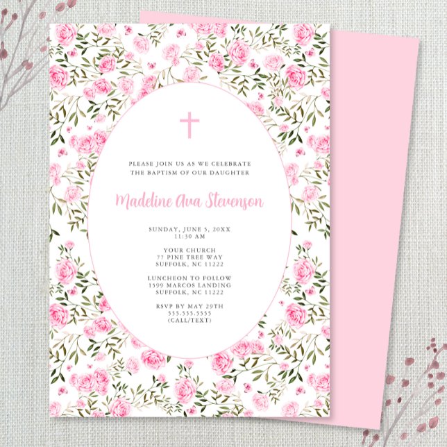 Convite Pink Roses Grandmillenial girl baptism invitation (Criador carregado)