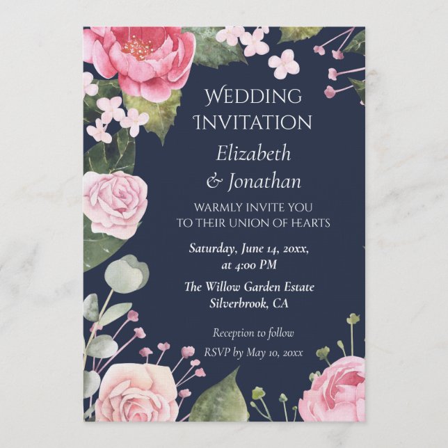 Convite Pink Roses on Blue Customizable Wedding Invitation (Frente)