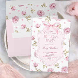 Convite Pink roses pattern bow birthday