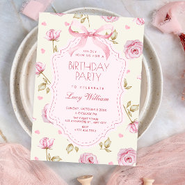 Convite Pink roses pattern bow birthday