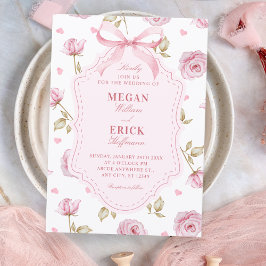 Convite Pink roses pattern bow wedding