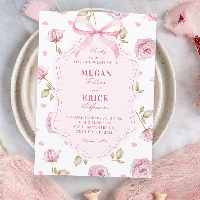 Convite Pink roses pattern bow wedding (Criador carregado)