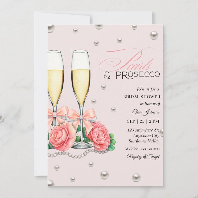 Convite Pink Roses Pearls and Prosecco Bridal Shower  (Frente)