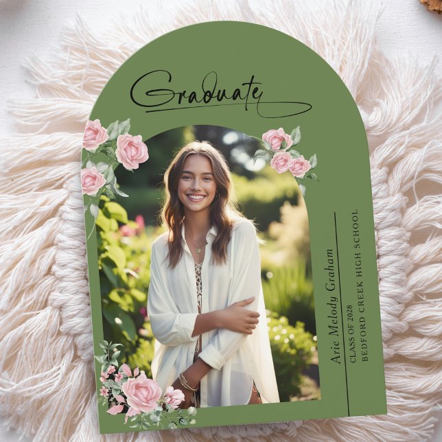 Convite Pink Roses Script Photo Graduation Announcement (Criador carregado)