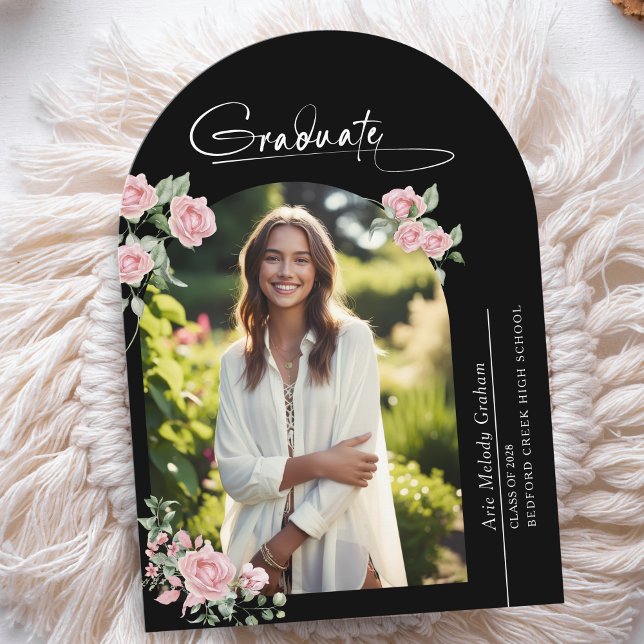Convite Pink Roses Script Photo Graduation Announcement (Criador carregado)