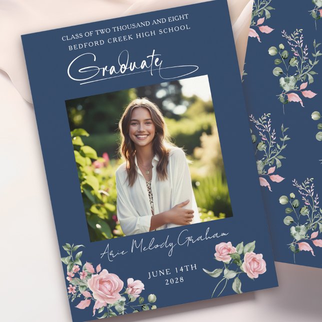 Convite Pink Roses Script Photo Graduation Announcement (Criador carregado)