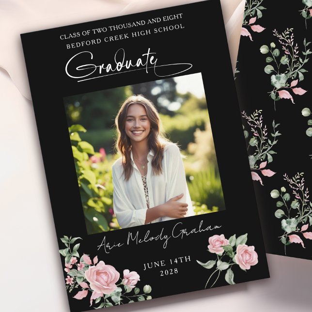 Convite Pink Roses Script Photo Graduation Announcement (Criador carregado)