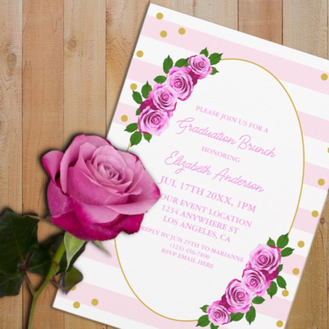 Convite Pink Roses Striped Graduation Brunch (Criador carregado)