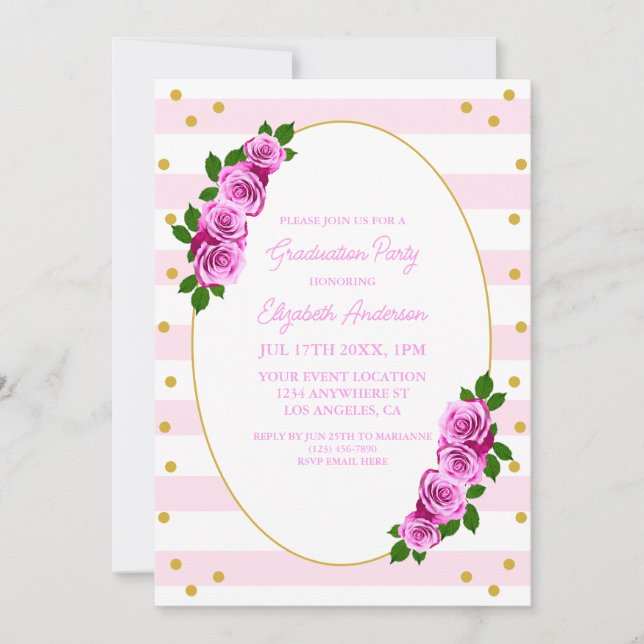 Convite Pink Roses Striped Graduation Brunch (Frente)