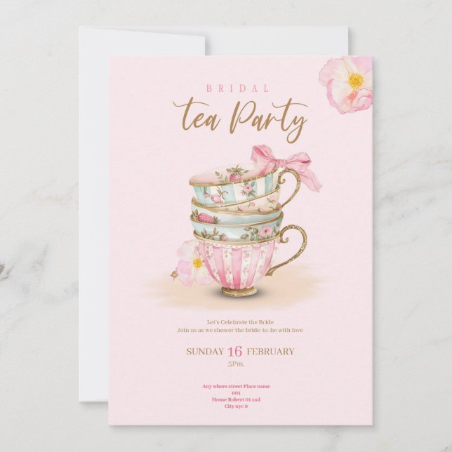 Convite Pink roses tea party bridal shower chic invitation (Frente)