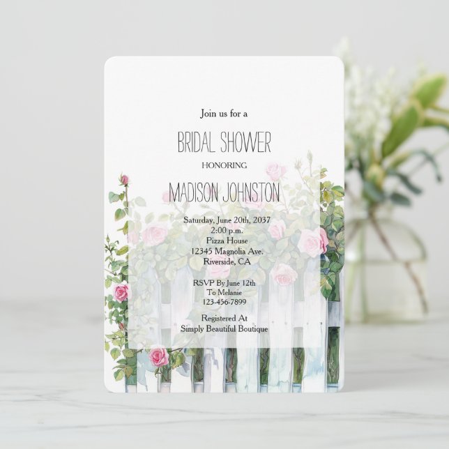 Convite Pink Roses White Picket Fence Bridal Shower (Em pé/Frente)