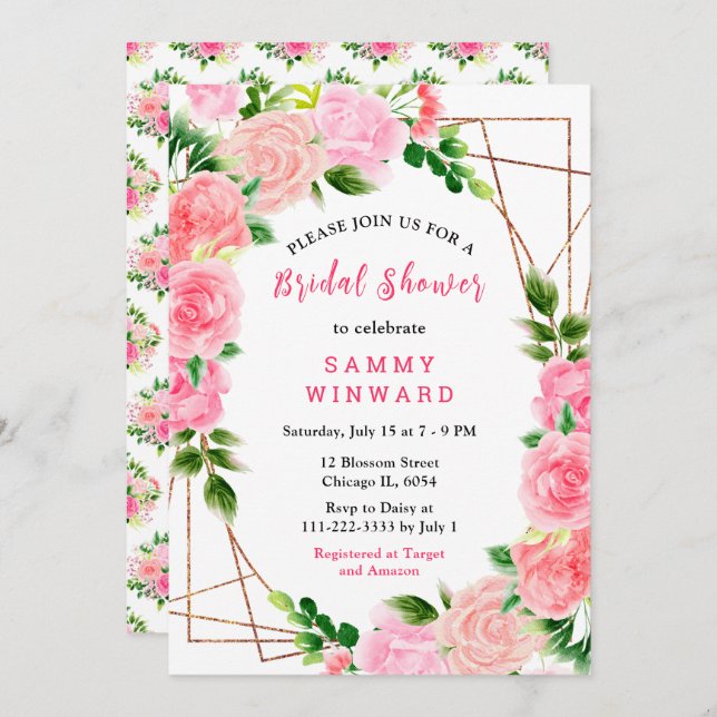 Convite Pink Roses with Foliage Bridal Shower (Frente/Verso)