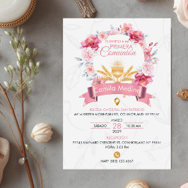 Convite Pink Roses Wreath with Chalice First Communion