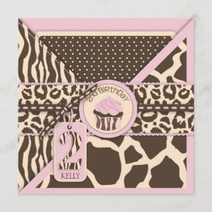 Convite Pink Safari Animal Print & Cupcake Segundo Anivers