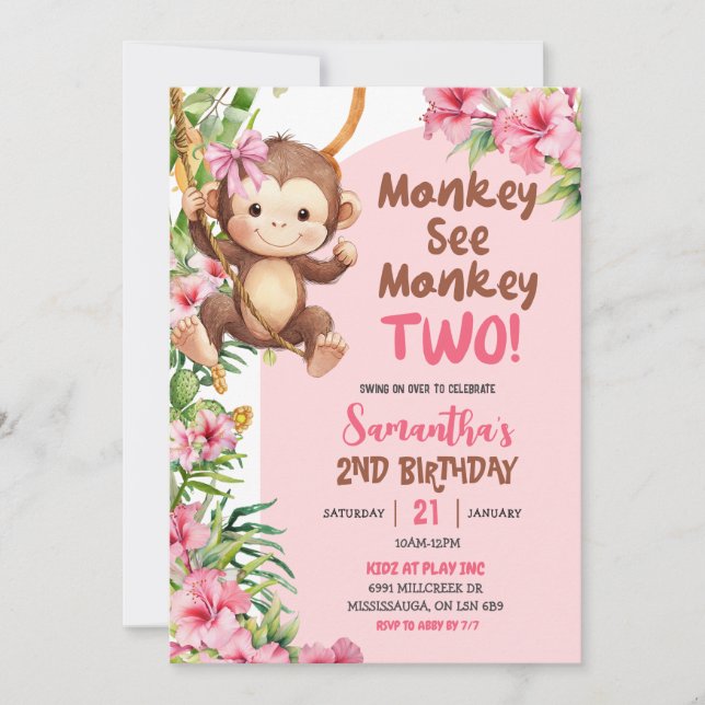 Convite Pink Safari Monkey See Monkey Two 2nd Birthday (Frente)