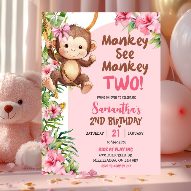Convite Pink Safari Monkey See Monkey Two 2nd Birthday (Criador carregado)