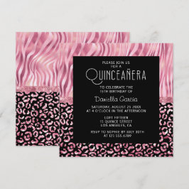 Convite Pink Safari Tiger Leopard Shimmer Quinceañera