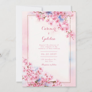 Convite Pink Sakura Blue Watercolor Bronze Frame Wedding