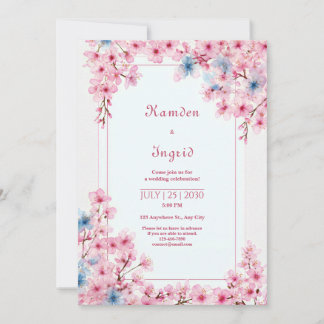 Convite Pink Sakura Periwinkle Blue Romantic Frame Wedding