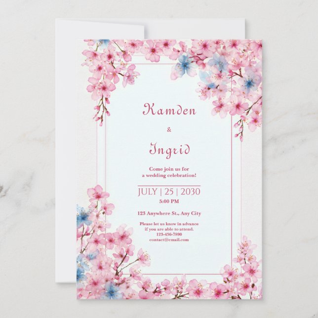 Convite Pink Sakura Periwinkle Blue Romantic Frame Wedding (Frente)