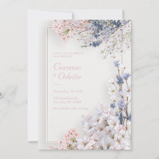 Convite Pink Sakura Romantic Minimalist Frame Wedding (Frente)