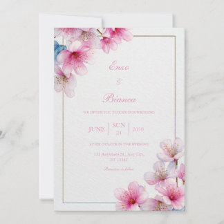Convite Pink Sakura Textured Paper Gold Frame Wedding