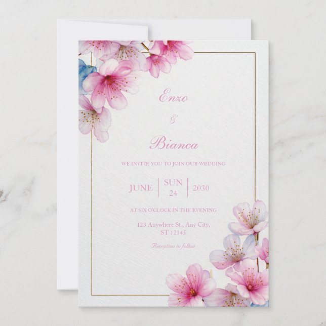 Convite Pink Sakura Textured Paper Gold Frame Wedding (Frente)