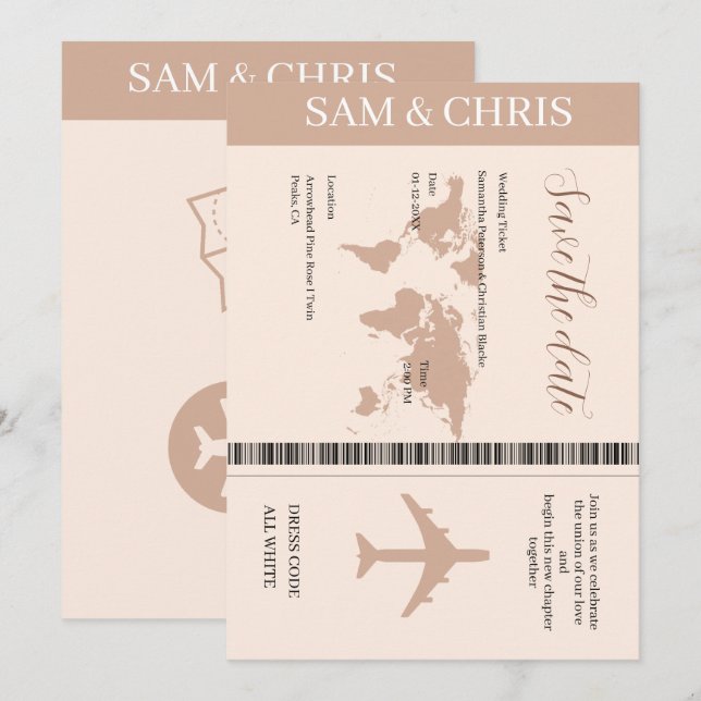 Convite Pink Salmon Boarding Pass World Map Travel (Frente/Verso)
