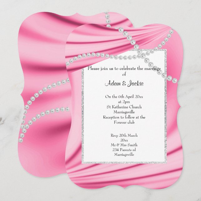 CONVITE PINK SATIN, DIAMANTES E PEARLS CASAMENTO ELEGANTE  (Frente/Verso)
