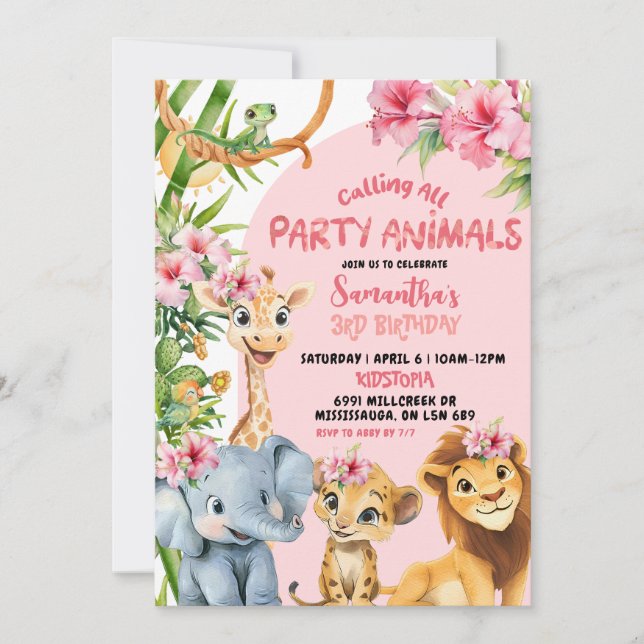 Convite Pink Savannah Calling All Party Animals Birthday (Frente)