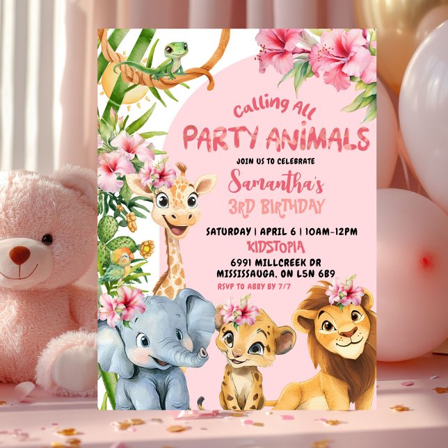Convite Pink Savannah Calling All Party Animals Birthday (Criador carregado)