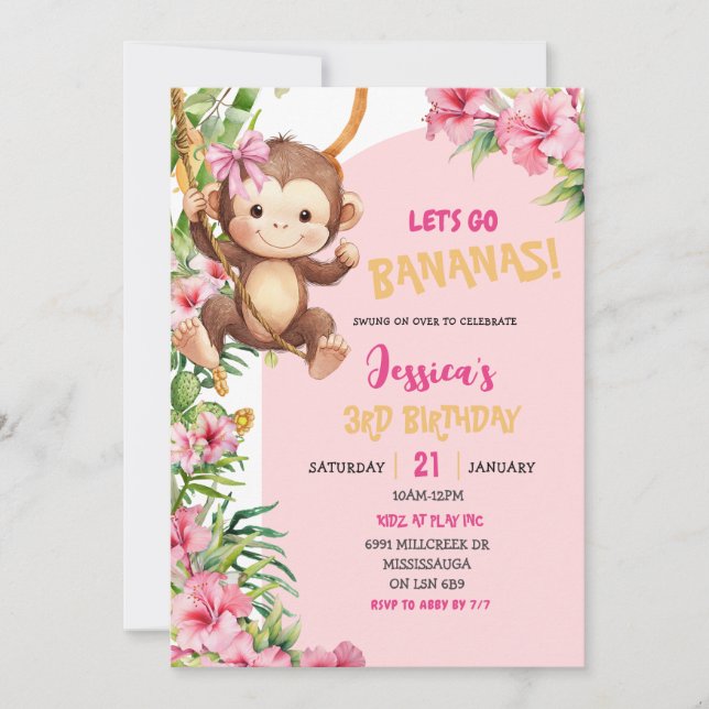 Convite Pink Savannah Monkey Let's Go Bananas Birthday (Frente)