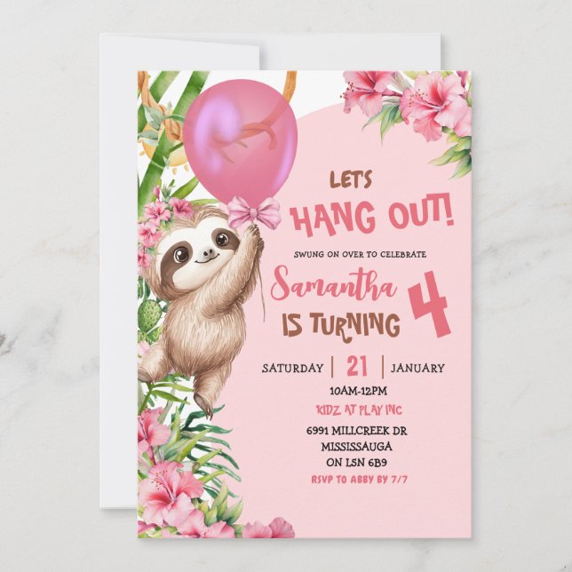 Convite Pink Savannah Sloth Let's Hang Out Birthday (Frente)