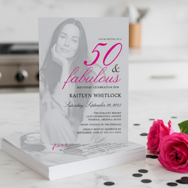 Convite Pink Script 50 and Fabulous Photo Birthday Party (modern elegant fifty and fabulous pink birthday party invitation with full photo for 50th birthday)
