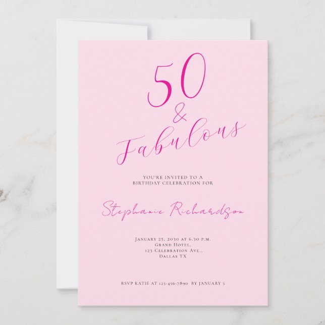 Convite Pink Script Fifty and Fabulous 50th Birthday Party (Frente)