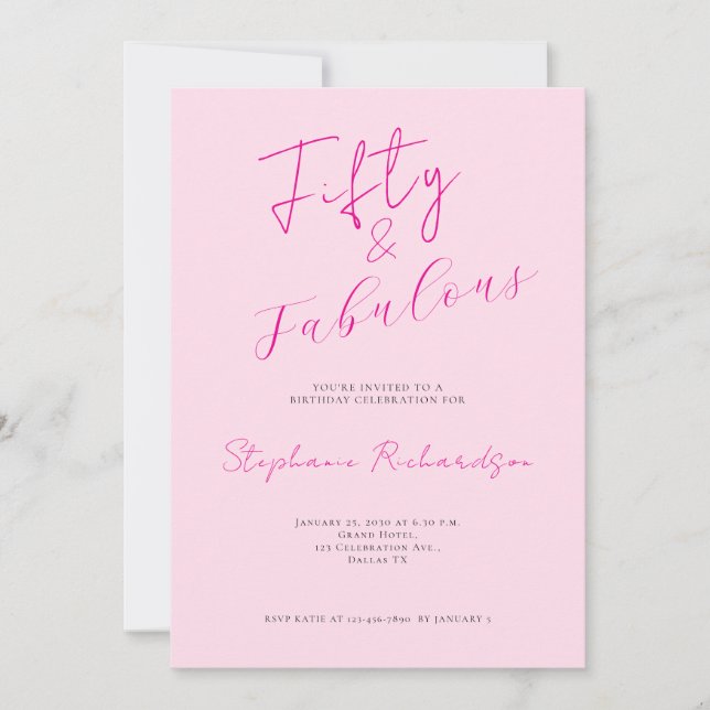 Convite Pink Script Fifty and Fabulous 50th Birthday Party (Frente)