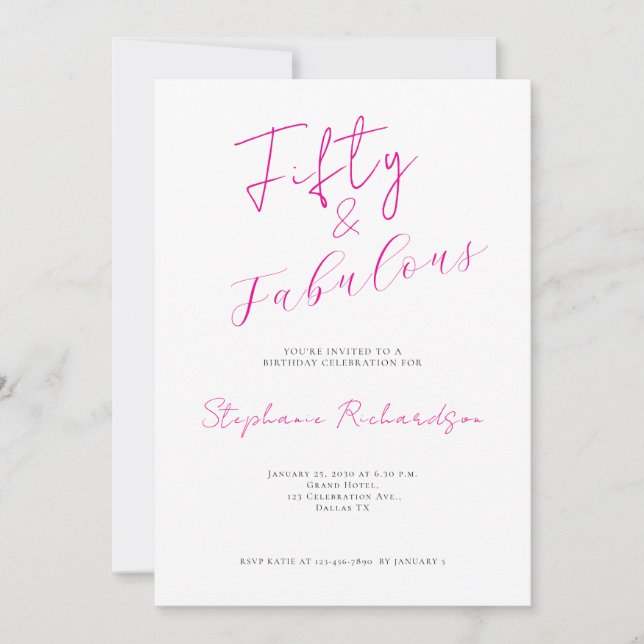 Convite Pink Script Fifty and Fabulous 50th Birthday Party (Frente)