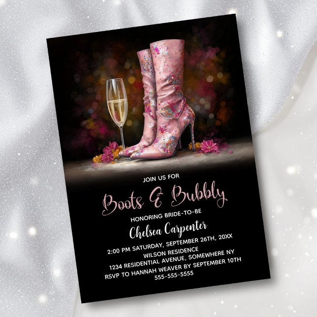 Convite Pink Sequin Boots and Bubbly Bridal Shower (Criador carregado)