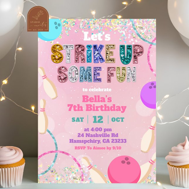 Convite Pink Sequin Glitter Bowling Party Invitation (Criador carregado)