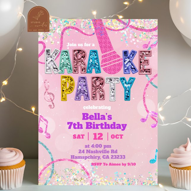 Convite Pink Sequin Glitter Karaoke Party Birthday Invitat (Criador carregado)