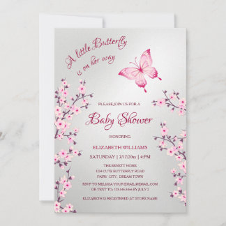 Convite Pink Silver Butterfly | Girl Baby Shower