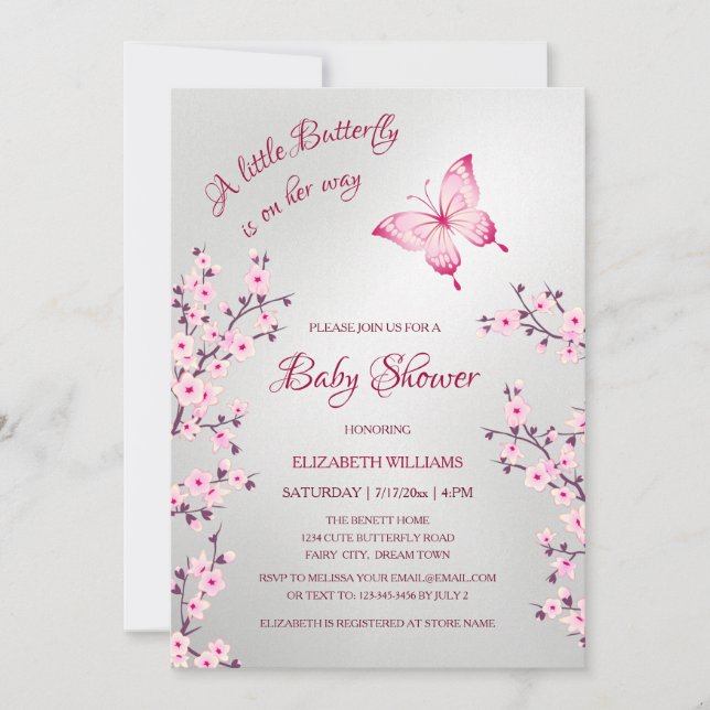 Convite Pink Silver Butterfly | Girl Baby Shower  (Frente)