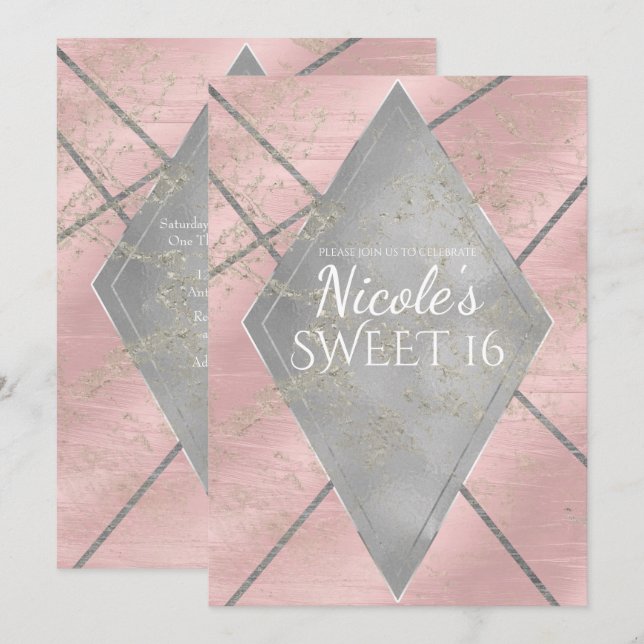 Convite Pink Silver Diamond Glam Doce 16 QUALQUER EVENTO F (Frente/Verso)