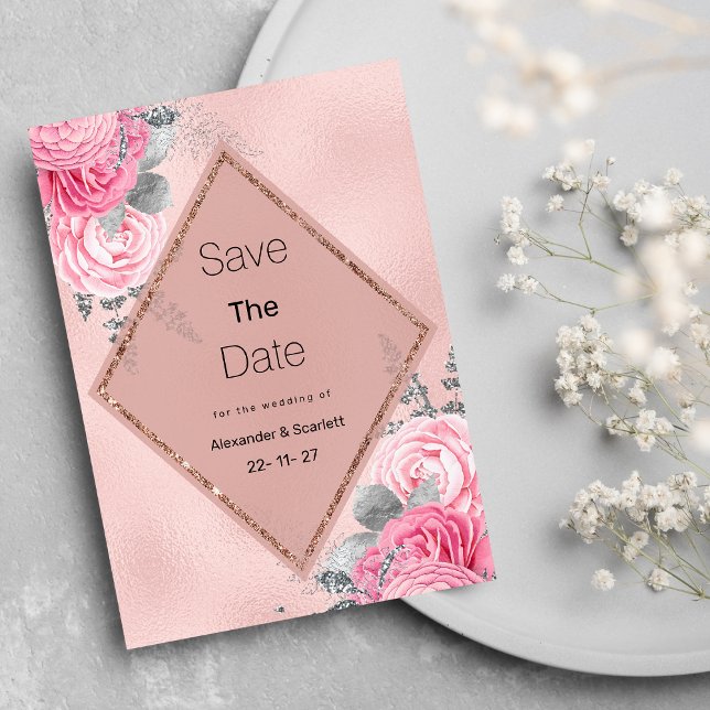 Convite Pink silver glitter peony floral Save The Date (Pink silver glitter peony floral Save The Date )