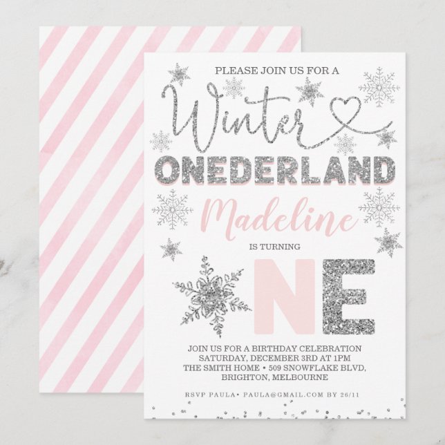Convite Pink Silver Glitter Winter Onederland Birday (Frente/Verso)