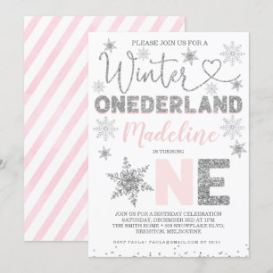 Convite Pink Silver Glitter Winter Onederland Birday